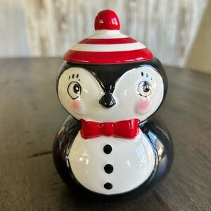 Johanna Parker Carnival Cottage Penguin Ceramic sugar- Black, White, and Red